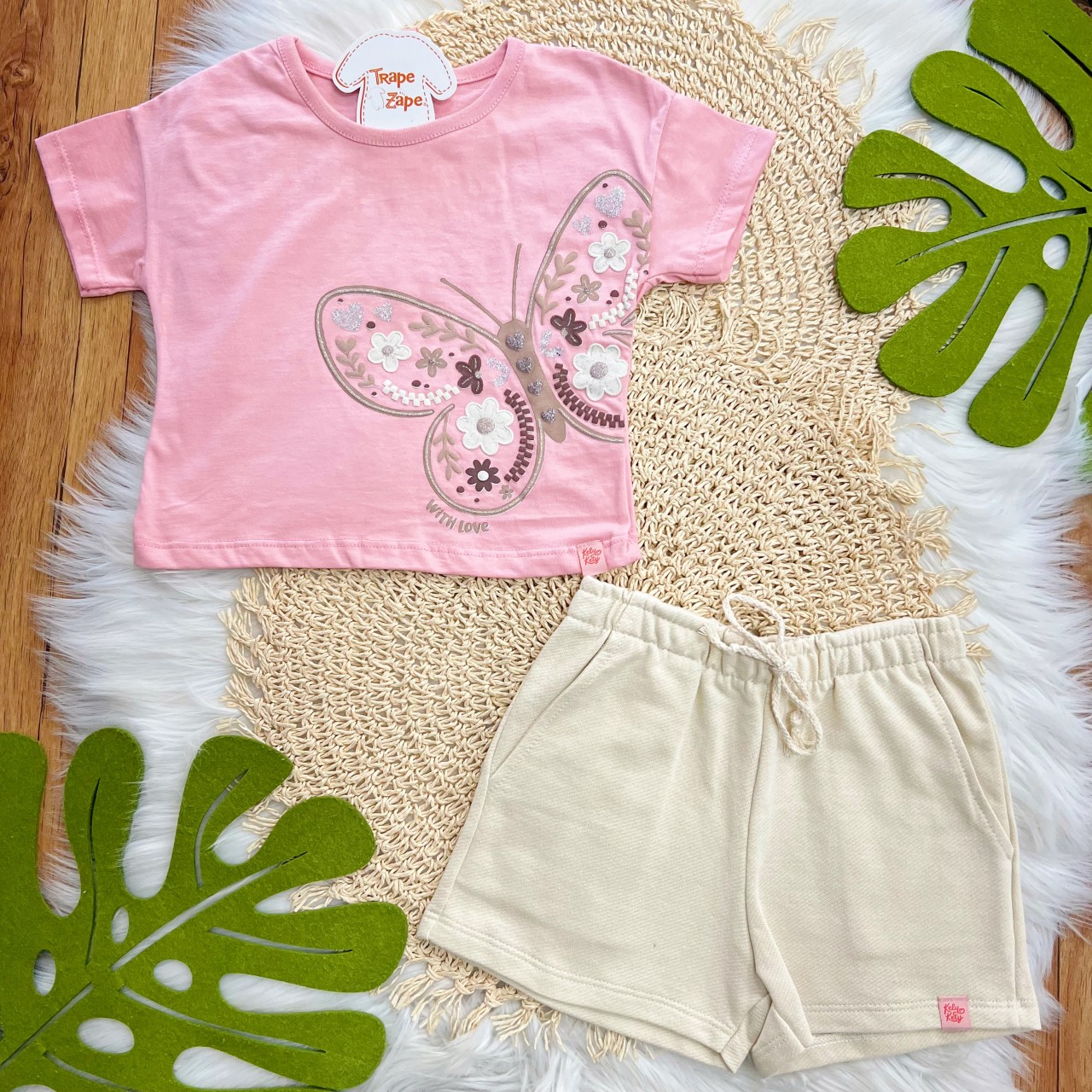 Conj. Blusa Borboleta e Short em Moletinho - Rose e Areia